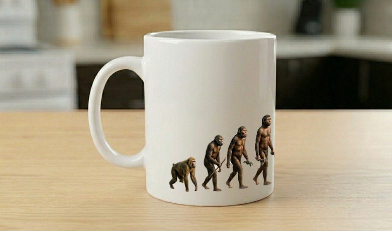 Mug printed with the ascent of man, the last figure a photo of a man saying "I've Evolved"