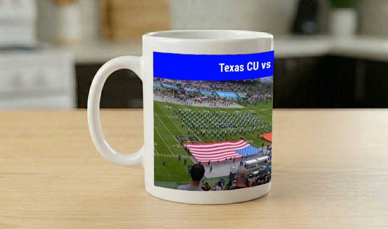 Mug printed with team flags carried onto a stadium pitch under the same blue match banner