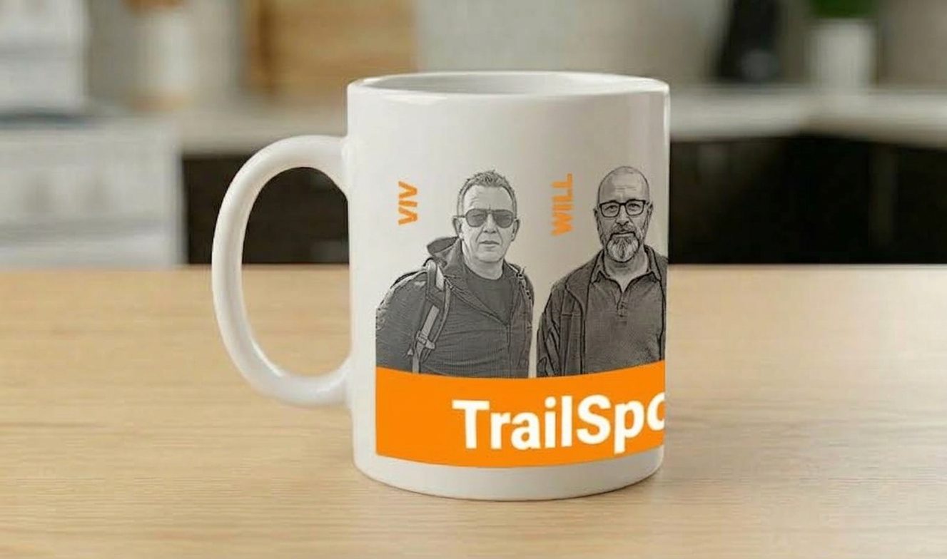 Mug printed with two hikers in a film-poster parody, their names beside them